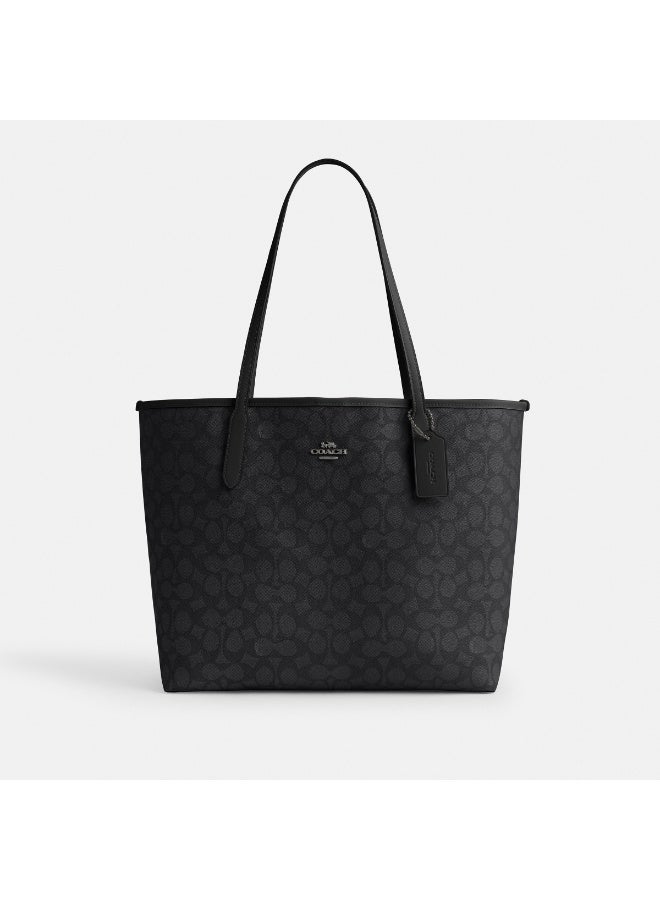 كوتش اوت ليت حقيبة كوتش سيتي توت ذات الطبعة الأيقونية، من موضة النساء، متعددة الوظائف، بسعة كبيرة، مقاس كبير، باللون الرمادي والأسود - Image 3